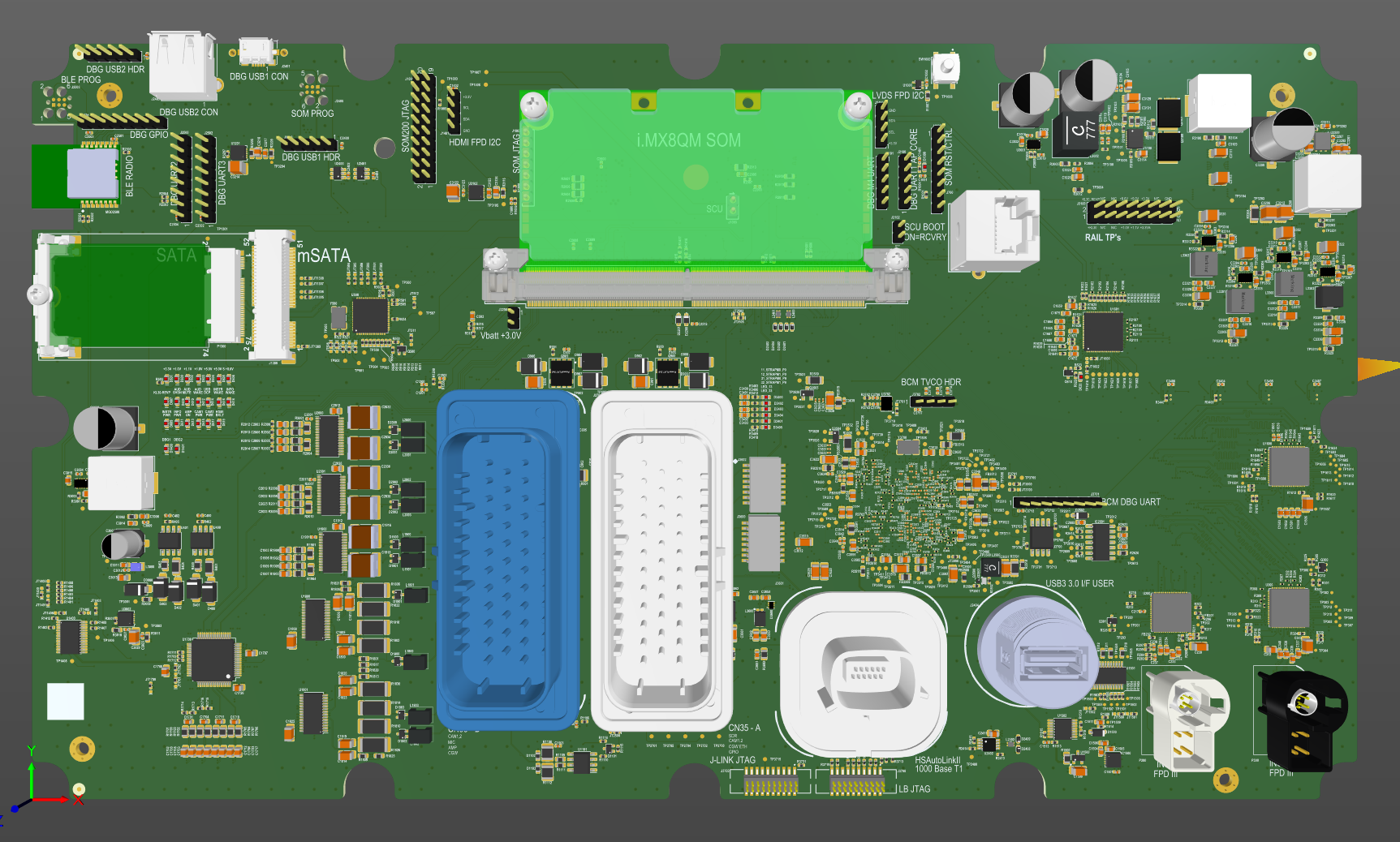 PCB CAD render with a central module and blue and white multipin connectors