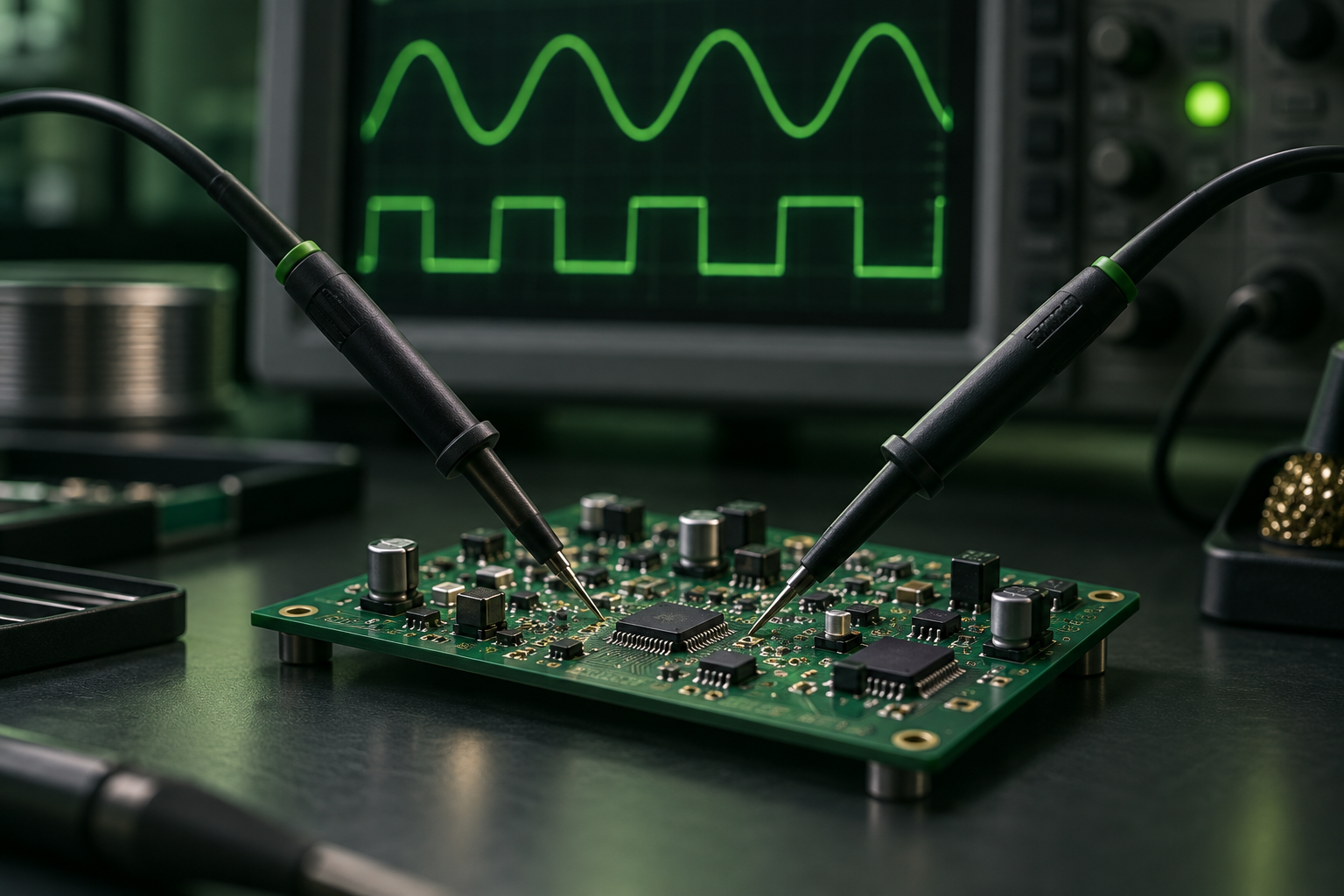 Concept illustration of probes testing a circuit board with oscilloscope waveforms behind it.
