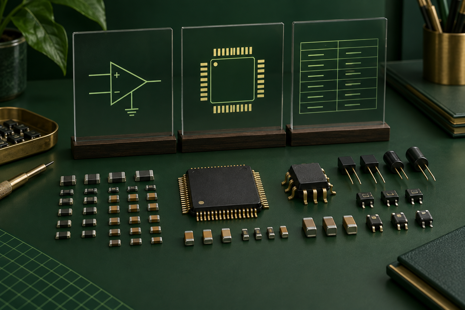 Concept illustration of electronic components with symbol, footprint, and database record references.